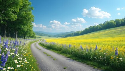 Naklejka premium Rural road winds through field with wildflowers. Winding road beside vibrant yellow flowers and green trees. Blue sky with white clouds above hills.