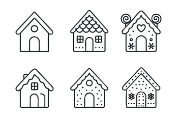 Whimsical gingerbread houses for festive decoration ideas and crafts. Set of 6 black Christmas icons