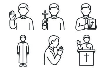 Characters representing Christian faith activities and expressions. Set of 6 black Christmas icons