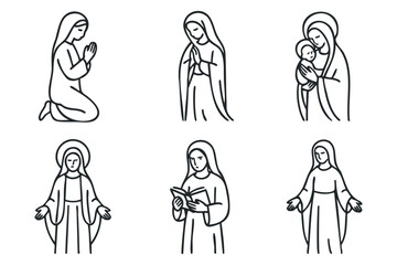 Religious icons of Mary in various poses for spiritual themes. Set of 6 black Christmas icons