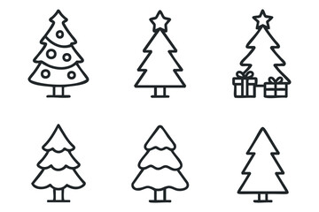 Minimalist Christmas tree designs for festive decoration. Set of 6 black Christmas icons