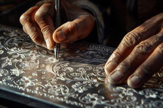 Skilled hands meticulously carve intricate floral patterns into metalwork, showcasing traditional craftsmanship.