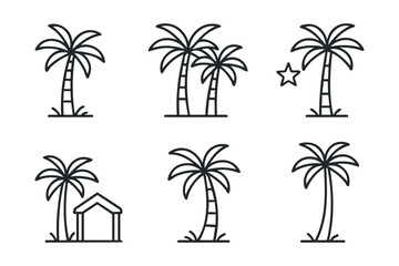 Naklejka premium Outline of palm trees and a hut for beach scene design. Set of 6 black Christmas icons