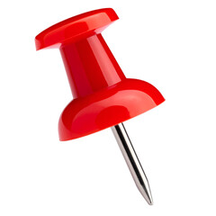 A single classic red plastic push pin or pinhead, shown at a slight angle, isolated on a transparent background PNG.