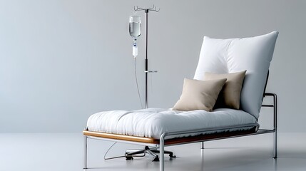 Hospital bed with IV stand and medical equipment isolated against a grey background showcasing advanced healthcare facilities