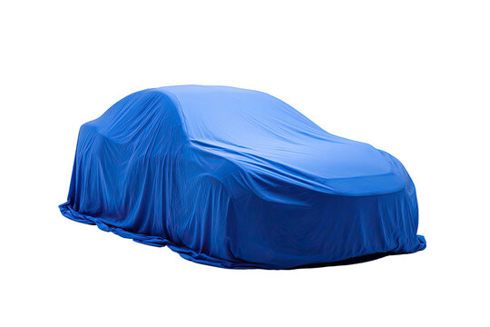 A sleek, modern automobile, covered in a draped, vibrant blue cloth, presented against a black backdrop