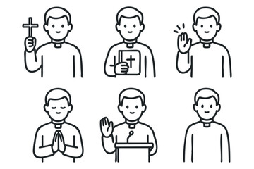 Religious symbols and gestures by a clergyman for spiritual connection. Set of 6 black Christmas icons