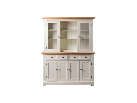 Elegant cream and wood hutch with glass doors and multiple drawers for home storage