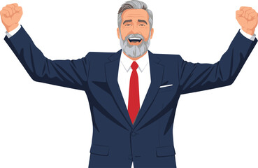 Older businessman, gray hair, celebration pose, success concept, triumphant expression, corporate achievement, excited character, professional suit, victory gesture, joyful emotion,