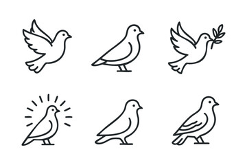 Obraz premium Simple line drawings of birds with different poses and meanings. Set of 6 black Christmas icons