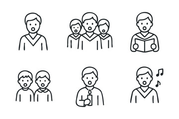 Group of people engaging in various activities, singing and reading. Set of 6 black Christmas icons