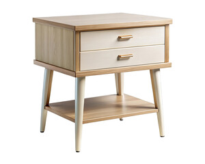 Modern mid century style wooden bedside table with two drawers and shelf