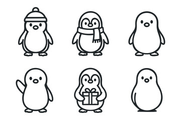 Obraz premium Cute penguins in winter attire for holiday greetings and designs. Set of 6 black Christmas icons