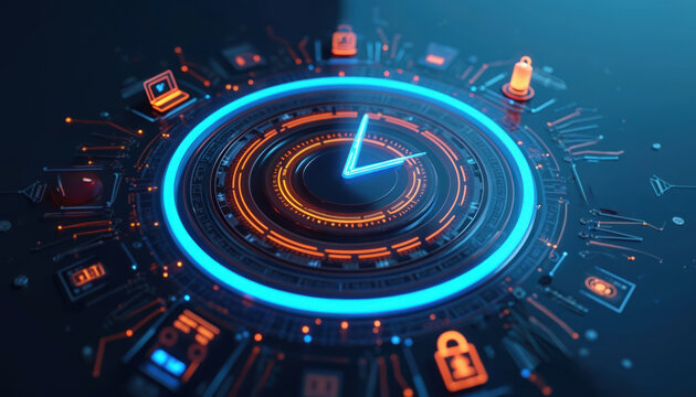 Futuristic digital clock face with blue neon light, automation icons. Clock surrounded by orange, blue circuits, symbols. Background dark blue with tech elements. Time management, automation concept.