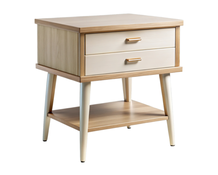 Modern mid century style wooden bedside table with two drawers and shelf