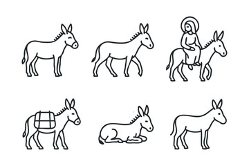 Fototapeta premium Donkeys in various poses with a figure riding for educational purposes. Set of 6 black Christmas icons