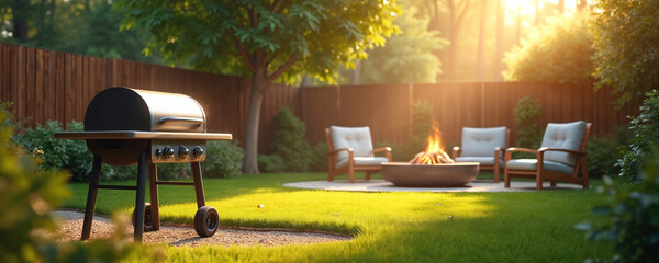Backyard features modern BBQ grill, warm fire pit area. Comfortable armchairs sit around fire. Green grass lawn extends under golden sunset light. Wooden fence provides privacy. Perfect setting for