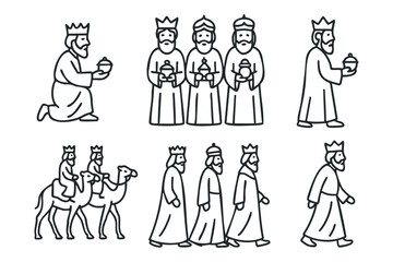 Kings on camels bring gifts for festival celebration. Set of 6 black Christmas icons