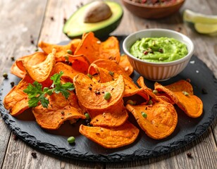 Crispy sweet potato chips, garnished with herbs and spices, served with guacamole
