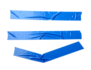 A collection of three strips of blue tape, featuring wrinkles on a transparent background. Perfect for adding grunge, repair or censorship effects, or creating industrial-style borders and overlays.