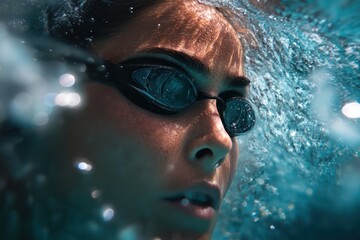 Fototapeta premium Surface-Level Portrait of Woman Swimming with Goggles