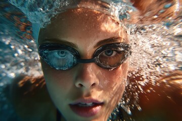 Fototapeta premium Surface-Level Portrait of Woman Swimming with Goggles