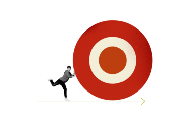 Composite trend artwork sketch image collage of analyze charts  goal business arrow show way small young man push huge target circle