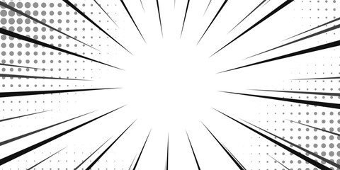 Obraz premium Comic book black and white radial lines background. Manga speed frame. Super hero action. Vector illustration.