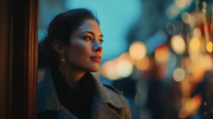 Obraz premium A woman stands by the window, where the evening lights highlight her elegant earrings. The woman enjoys the tranquil atmosphere as the lights create a warm, cozy ambiance.