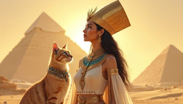 Egyptian queen in traditional costume stands with cat. Woman wears golden headdress, jewelry. Pyramids in desert background at sunset. Queen looks like Cleopatra Nefertiti. Cat collar with blue