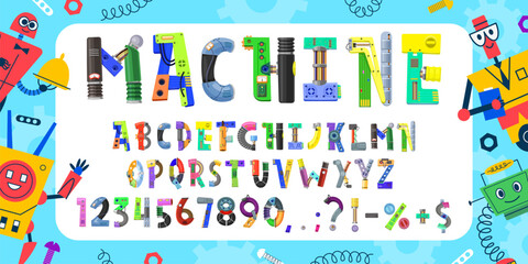 Kids robot font, mechanic type letters alphabet vector typography set. Cartoon gears, mechanical wheels and machine parts font letters and numbers with cute kids robot characters, bolts and springs