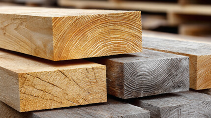 Close-up view of stacked wooden planks showcasing various textures and colors, highlighting the natural beauty and craftsmanship of timber in a workshop environment