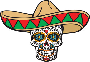 Dey of Dead Skull with Sombrero Hat Color. Vector Illustration.