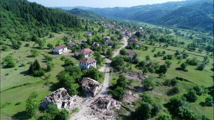 Aerial view of a rural village with collapsed houses after earthquake, surrounded by lush greenery and distant mountains