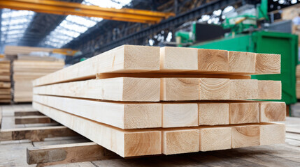 Stacked wooden planks in a lumber yard, showcasing the natural grain and texture of the wood, with industrial machinery and beams in the background, representing craftsmanship and construction