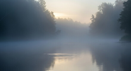 Fototapeta premium Misty river landscape with trees on either side creating a mysterious and ethereal atmosphere in the early morning light, nature scene