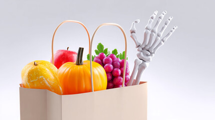 Colorful shopping bag filled with fresh fruits including apples, grapes, pumpkin, and a skeleton hand, creating a whimsical and playful autumn harvest scene