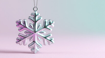 Shiny metallic snowflake ornament hanging against a soft pastel background, showcasing intricate details and reflecting light, perfect for winter holiday decorations and seasonal celebrations