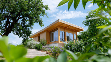Modern wooden house surrounded by lush greenery, featuring large windows and a unique architectural design, showcasing harmony with nature and contemporary living