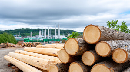 Stacked logs of various sizes, showcasing natural wood textures, in a lumber yard with industrial structures and greenery in the background, representing timber industry and sustainability
