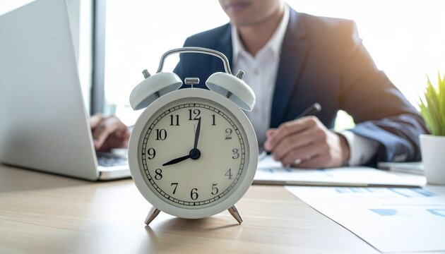 Alarm Clock on Desk with Business Man Working, Time Management Concept