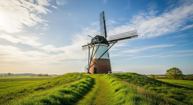 A majestic windmill stands tall amidst a vibrant green field under a bright blue sky, evoking a sense of nostalgia and the beauty of the countryside