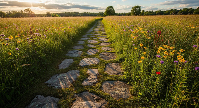 A stone path meanders through a vibrant meadow filled with wildflowers, leading towards the horizon under a soft, golden sunset glow in countryside