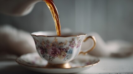 Tea delicately pours into an elegant cup, where the tea and ornate cup create a refined setting. The cup sits on a saucer, completing the tea experience in a graceful manner.