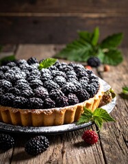 A sugared blackberry tart on rustic wood