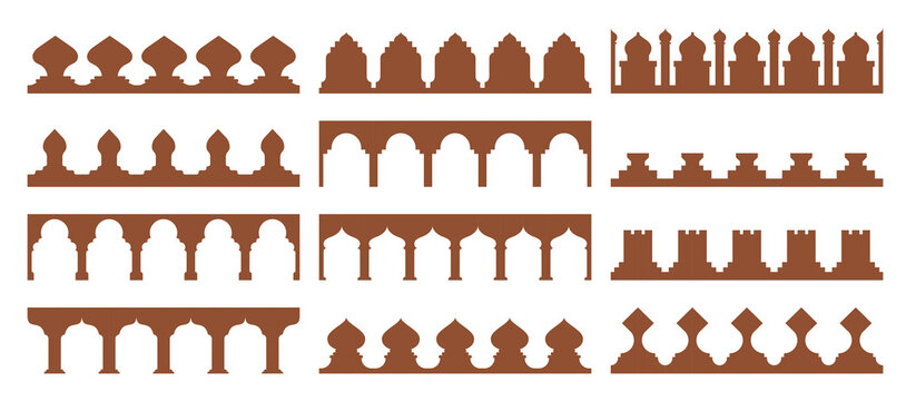 Old Arabian Saudi pattern decor, Islamic border, morocco shapes. Vector set of ornamental architectural Mughal and middle eastern crenellations or trims. Silhouettes of palaces, mosques and fortresses