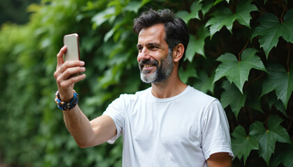 Middle-aged man with beard, dark hair takes selfie on smartphone. He wears white t-shirt, bracelets, smiles, looks at screen. Man stands outdoors in front of green leaves, holds phone in one hand.