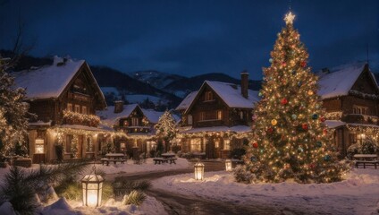 Obraz premium Charming Snowy Village Christmas Tree Lights Up Winter Night Scene.