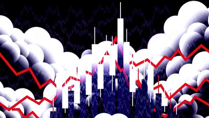 Financial market analysis with candlestick charts and red trend lines.