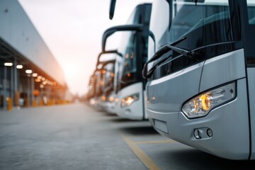 Row of new busses in parking bay ready for work